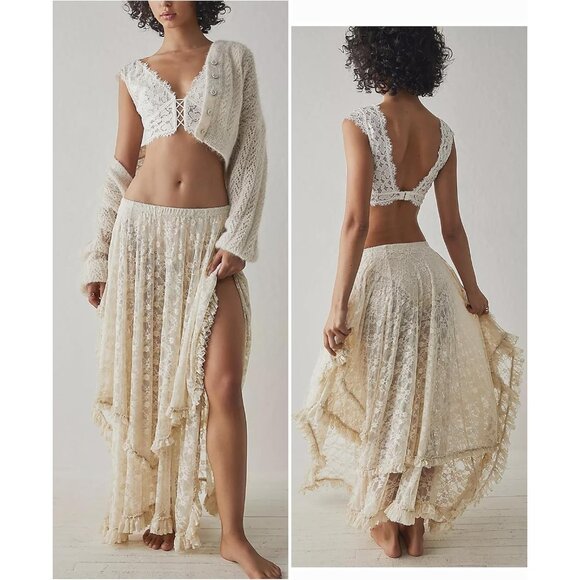 Elegant Floral Lace Long Skirt with Irregular Hem - Romantic Summer Style - Picture 2 of 5